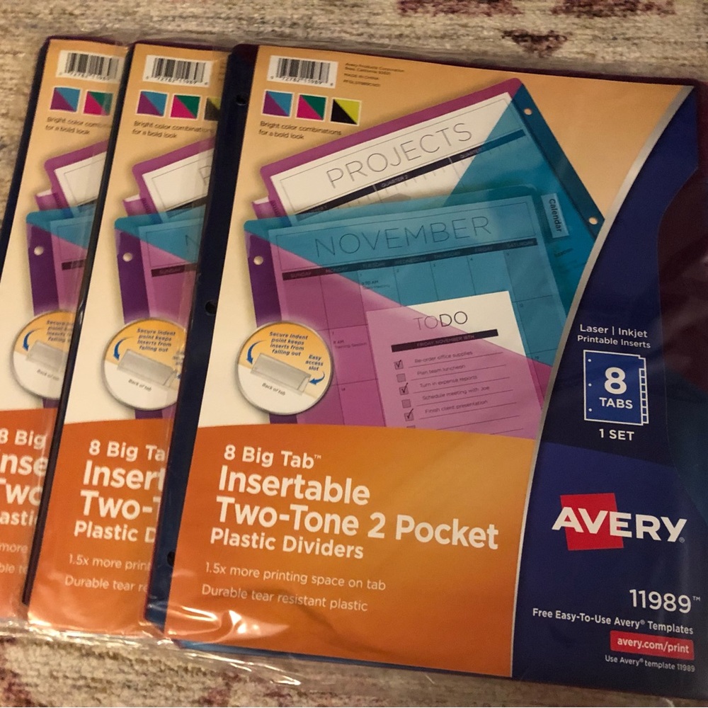 AVERY Big Tab Insertable Plastic 2Tone 2 Pocket Plastic Dividers Set of 8ct(3pk)